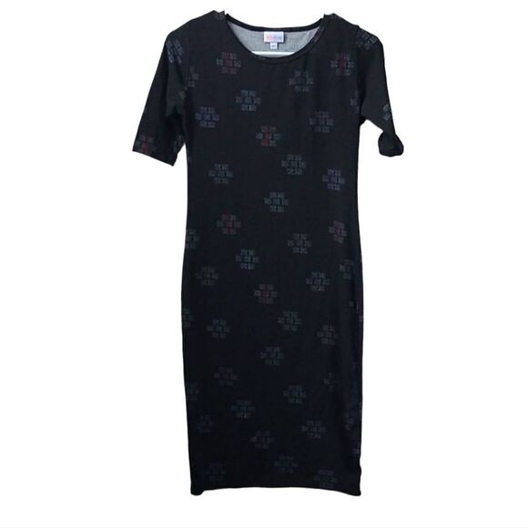 LuLaRoe Julia XS 2/4 Black Abstract Pokeball Knee Length Stretch T-Shirt Dress - Picture 8 of 11